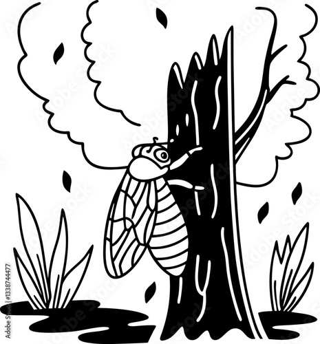nature illustration of cicada on tree stump, simple black and white art insect life, minimal natural scene with foliage.