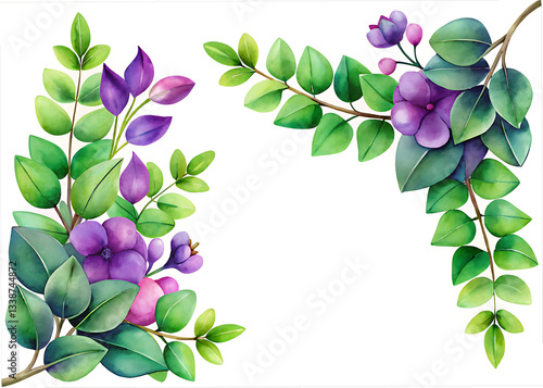 Watercolor vector corner border frame. Green eucalyptus leaves and purple flowers. Greenery clipart for wedding invitation, greeting cards, save the date, stationery design. Hand drawn illustration.