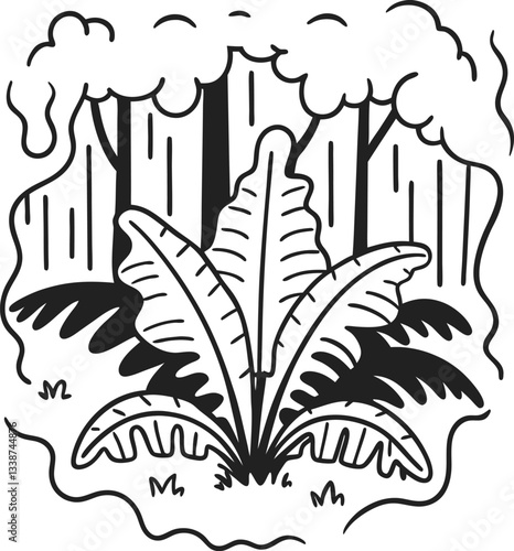 black and white rainforest illustration with large jungle foliage, tropical leaves and trees.