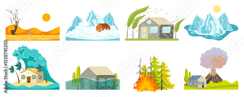 Natural disasters - vector collection. Flood, wildfire, tsunami and other. Global warming and climate change concept.