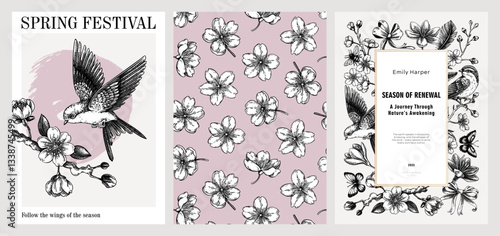 Spring design set, engraved style. Cherry blossom hand-drawn vector illustration. Seamless pattern, floral frame, book cover, greeting card. NOT AI generated