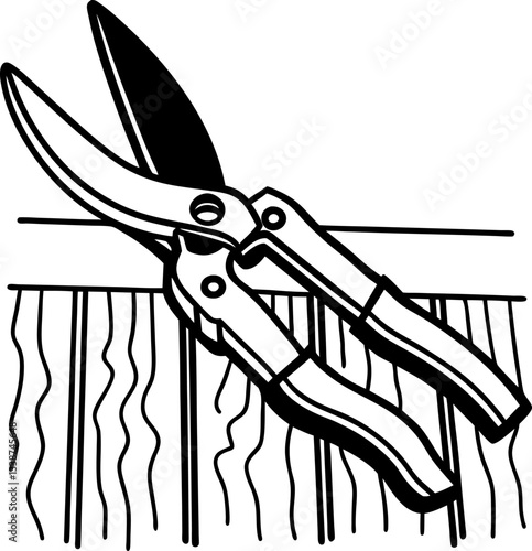 sharp pruning shears cutting plant stems gardening tool, precision trimming, black and white illustration.