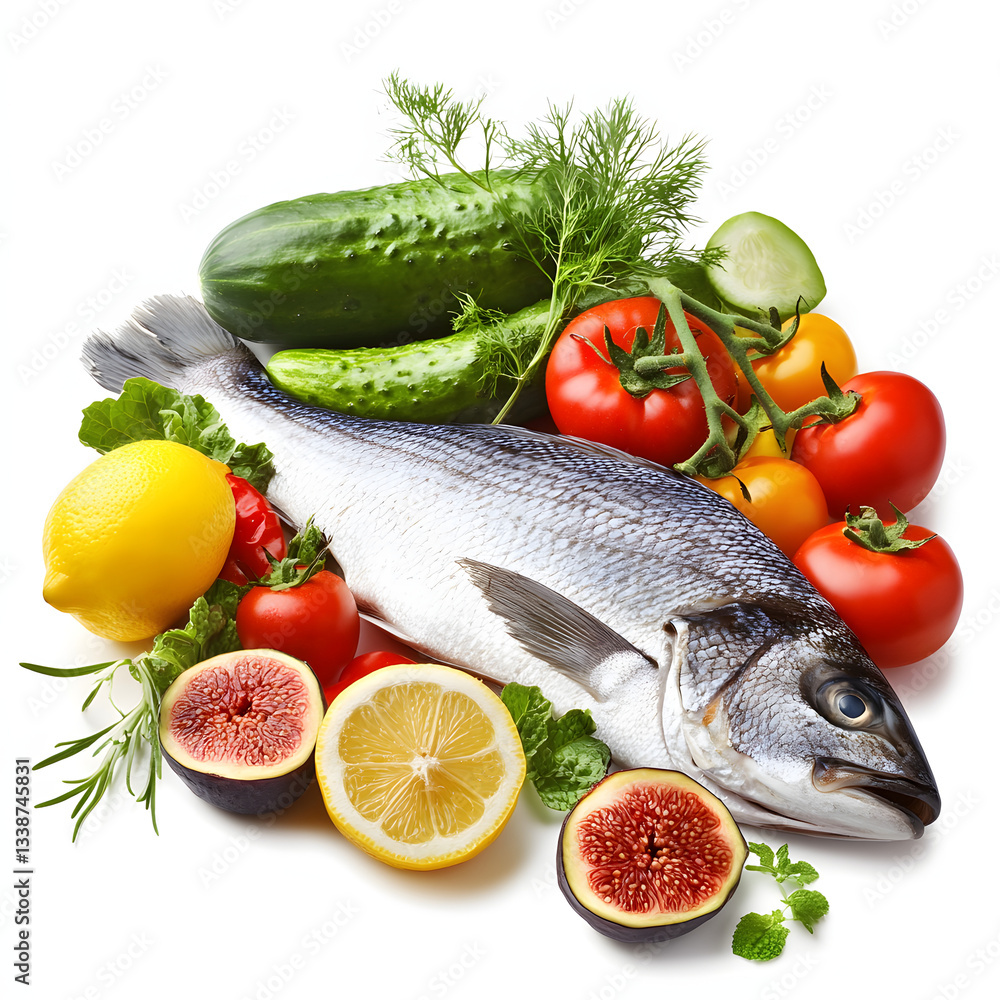 Mediterranean diet , fish with vegetables on white background. Mediterranean diet , fish with vegetables on white background.