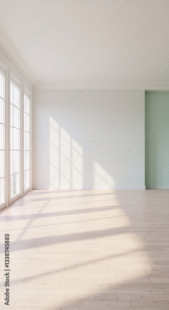 Minimalist bright interior with large windows casting shadows on white walls and wooden floor. Empty room with natural light. Modern architectural design concept Minimalist bright interior with large windows casting shadows on white walls and wooden floor. Empty room with natural light. Modern architectural design concept