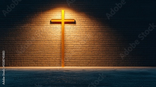 Illuminated Golden Cross on Dark Brick Wall at Night