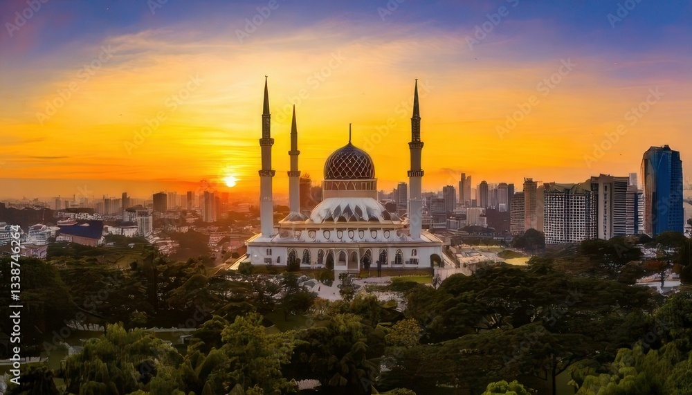 Fototapeta premium Elegant Ramadan Kareem background with glowing crescent moon and twinkling stars. Serene night sky with illuminated crescent and celestial glow for Ramadan celebration