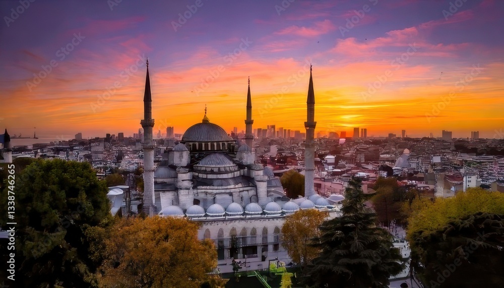 Naklejka premium Elegant Ramadan Kareem background with glowing crescent moon and twinkling stars. Serene night sky with illuminated crescent and celestial glow for Ramadan celebration