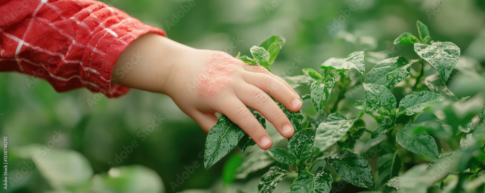 child hand with rash gently touches green leaves, showcasing connection with nature despite skin irritation. Allergy Concept child hand with rash gently touches green leaves, showcasing connection with nature despite skin irritation. Allergy Concept