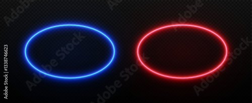 Neon light oval frame. Ellipse border with led glow. Vector fluorescent laser effect in blue and red color.