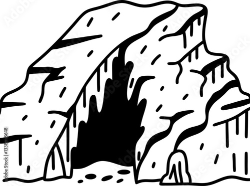 natural cave entrance illustration rocky formation with stalactites and shadows adventure, exploration, underground environment.