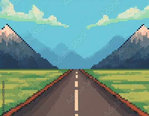 A pixel art road stretches towards majestic mountains under a clear sky