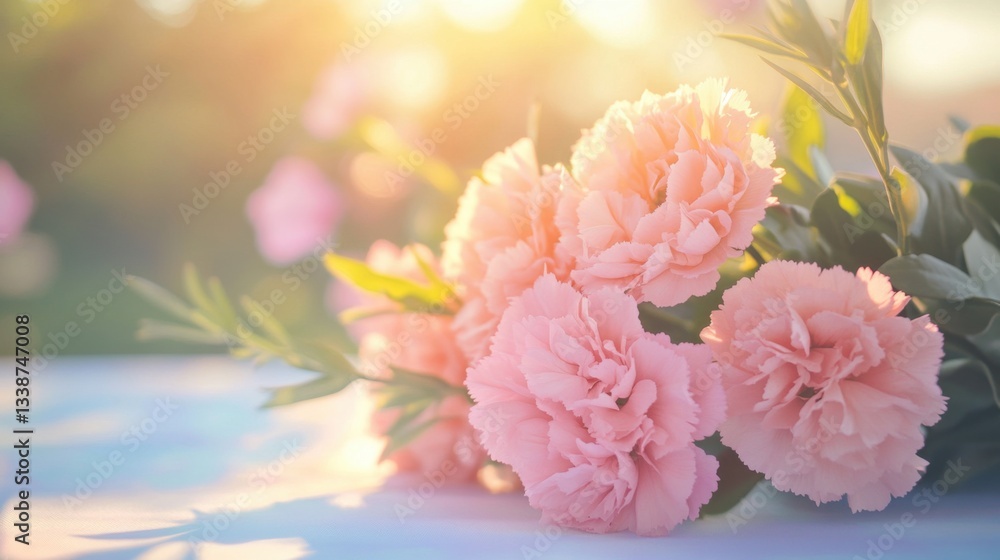 A delicate pink carnation bouquet for Mother's Day, symbolizing love and gratitude in a serene setting. A delicate pink carnation bouquet for Mother's Day, symbolizing love and gratitude in a serene setting.