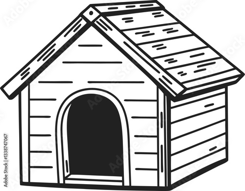 Doghouse illustration rustic pet shelter design in black and white line art.