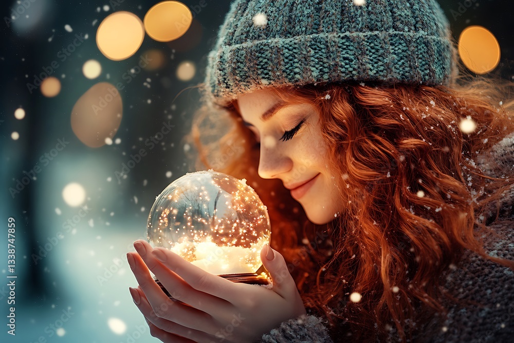 Naklejka premium A Redheads Gentle Embrace Of A Glowing Snow Globe On A Magical Winter Night, Soft Falling Snow And Warm Light