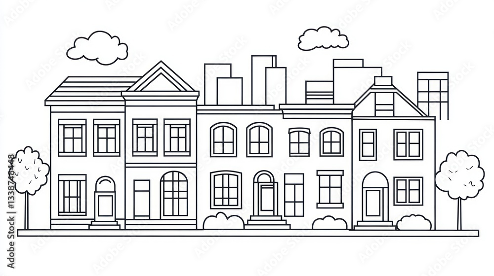 Fototapeta premium Simple Line Drawing of City Row Houses