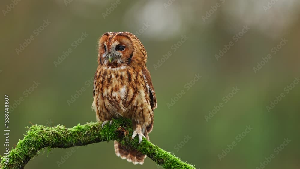 custom made wallpaper toronto digitalTawny owl Strix aluco perched on a mossy branch, turns head gazing intently, green blurred background