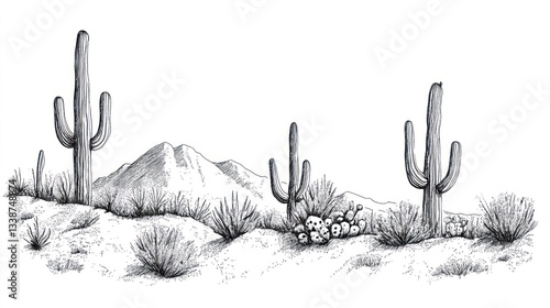 Desert landscape sketch, cacti, mountain, nature scene, artistic drawing, perfect for backgrounds, wall art, prints