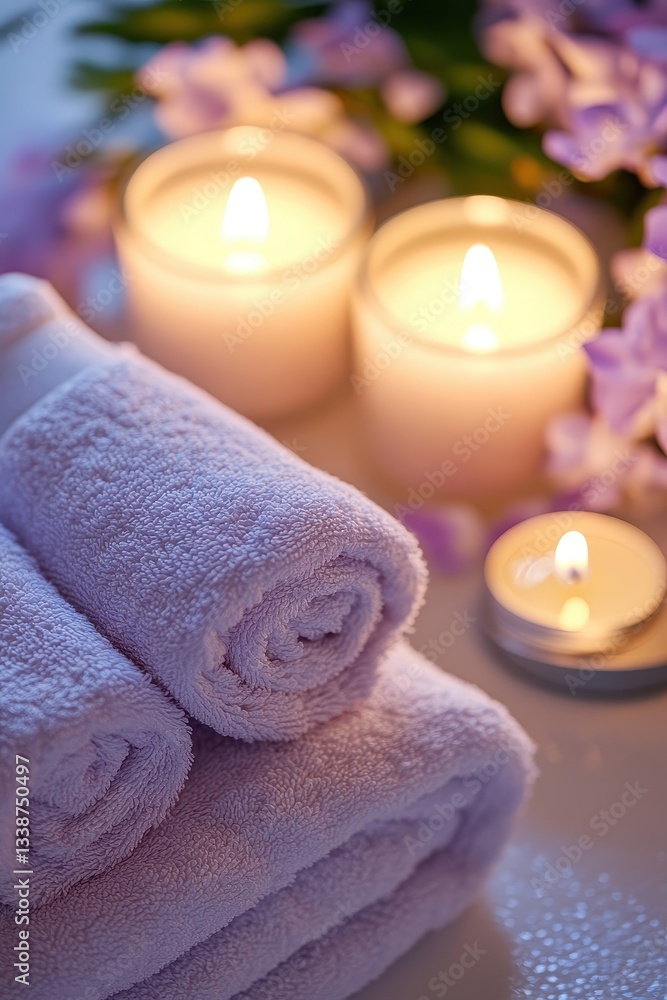 Luxurious Spa Setting with Rolled Towels, Lit Candles, and Delicate Flowers for Relaxation and Serenity Luxurious Spa Setting with Rolled Towels, Lit Candles, and Delicate Flowers for Relaxation and Serenity