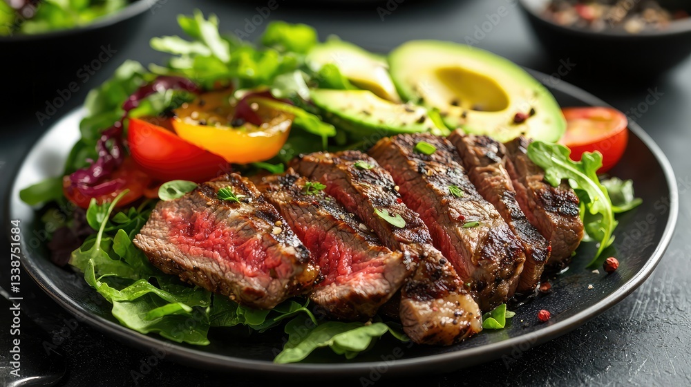 A paleo diet platter with grilled steak, avocado, and mixed greens. A paleo diet platter with grilled steak, avocado, and mixed greens.