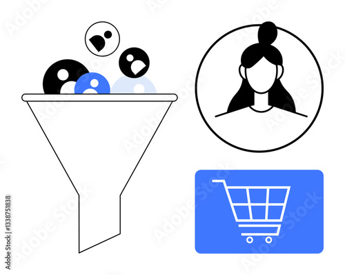 Funnel filtering users with icons of profiles, a portrait of a female customer, and a shopping cart. Ideal for sales, marketing, customer journey, analytics, lead generation, conversion optimization