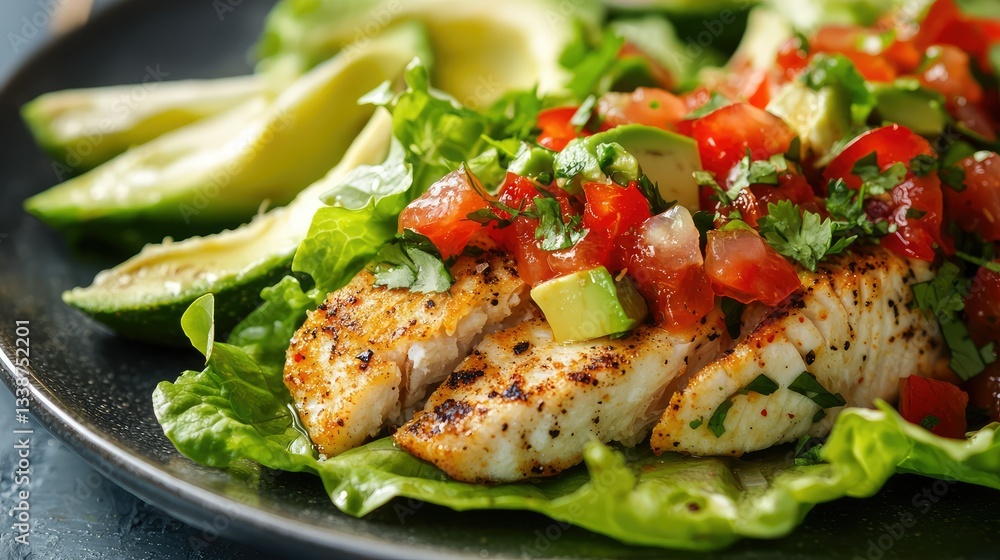 A paleo fish taco with lettuce wrap, avocado, and salsa. A paleo fish taco with lettuce wrap, avocado, and salsa.