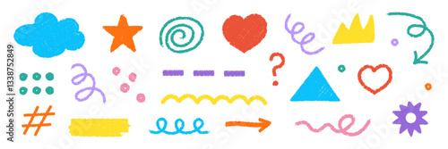 Scribble crayon playful naive vector set shapes—doodle charcoal geometric collage irregular organic shapes, hearts, cloud, star, and texture. Abstract doodle objects and hand-drawn shapes.