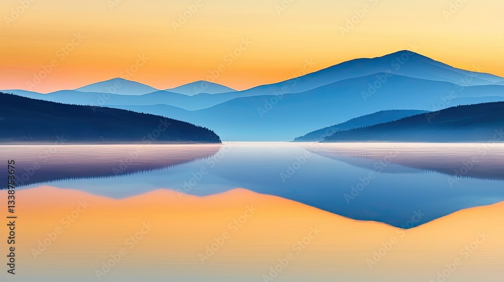 Obraz premium Sunset landscape abstract background idea. Serene mountain landscape at dawn, showcasing tranquil waters and colorful sky reflections.