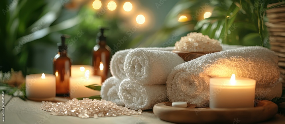 Luxurious Spa Setting with Candles, Towels, and Natural Elements for Relaxation and Wellness Luxurious Spa Setting with Candles, Towels, and Natural Elements for Relaxation and Wellness