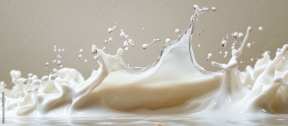 Dynamic Splash of Milk Captured in Mid-Air with Droplets Against a Neutral Background Dynamic Splash of Milk Captured in Mid-Air with Droplets Against a Neutral Background