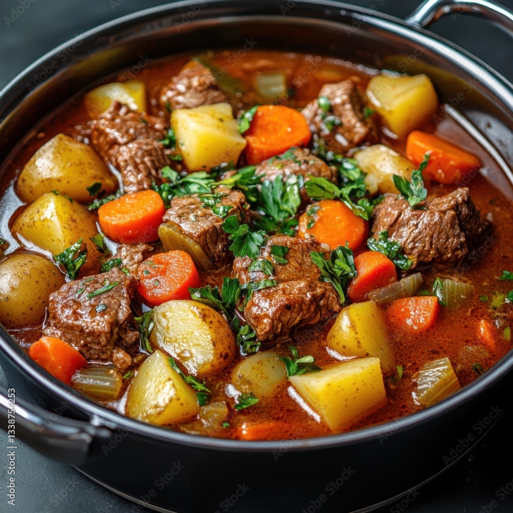 Hearty beef stew simmering in a black pot with potatoes carrots and fresh parsley close up shot Hearty beef stew simmering in a black pot with potatoes carrots and fresh parsley close up shot