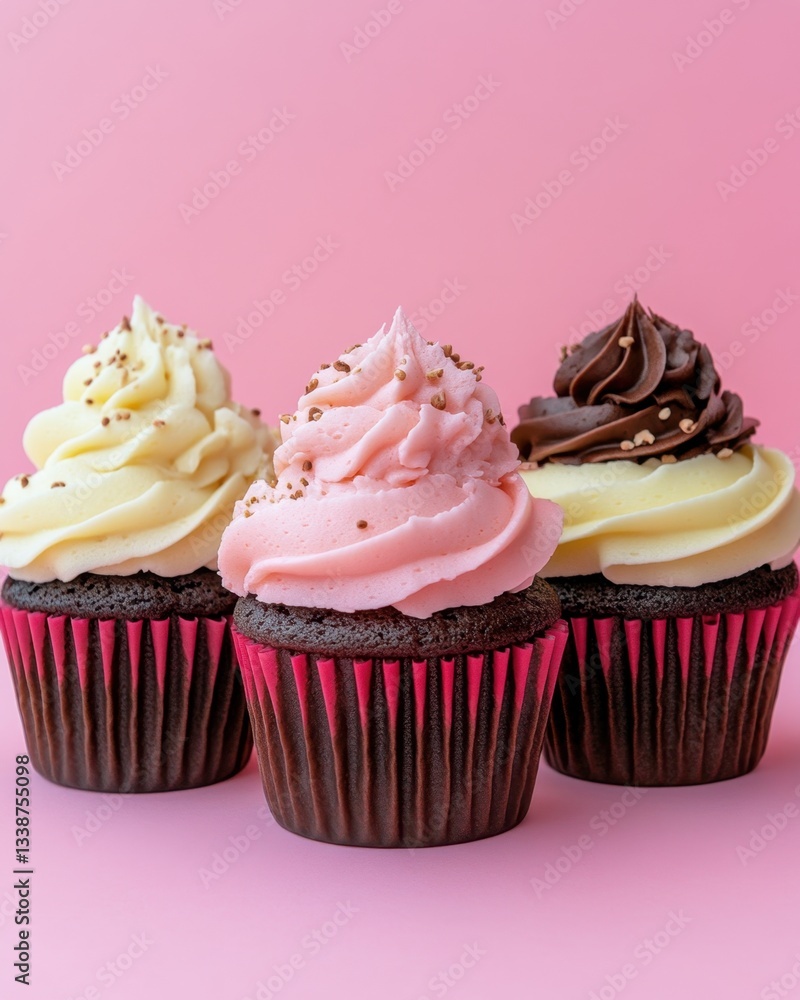 Delightful trio of cupcakes with creamy frosting on a pink background offering a sweet indulgence for celebration and joy captured in a close up shot Delightful trio of cupcakes with creamy frosting on a pink background offering a sweet indulgence for celebration and joy captured in a close up shot