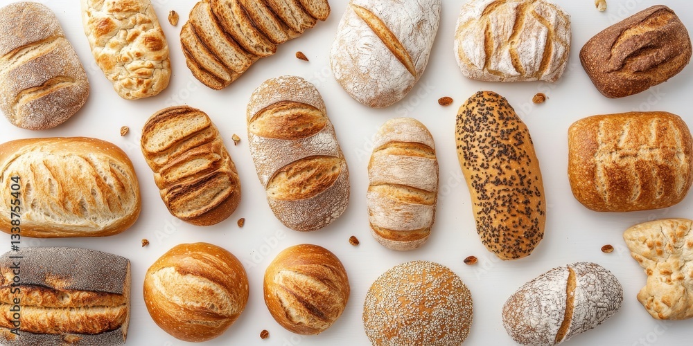 Artisan Breads: A delightful assortment of freshly baked, artisan loaves and rolls artfully arranged. showcasing the golden crusts and inviting textures of various baked goods. Artisan Breads: A delightful assortment of freshly baked, artisan loaves and rolls artfully arranged. showcasing the golden crusts and inviting textures of various baked goods.