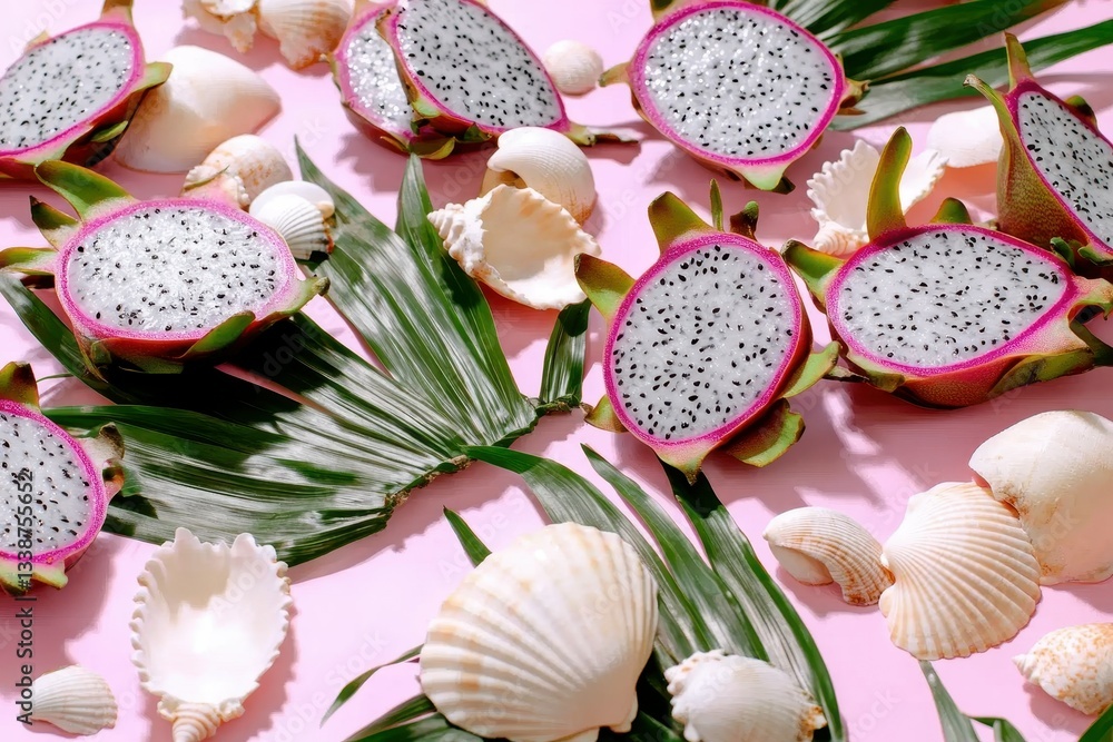 Dragon Fruit Slices in a Tropical Setting: Slices of dragon fruit arranged on palm leaves with seashells nearby, evoking a beach feel Dragon Fruit Slices in a Tropical Setting: Slices of dragon fruit arranged on palm leaves with seashells nearby, evoking a beach feel