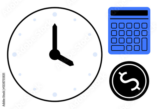 Large round clock, calculator, and dollar coin symbolizing financial organization, time efficiency, and planning. Ideal for productivity, business, budgeting, finance organization time tracking