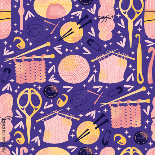 Knitting and crochet seamless pattern yarn balls, knitting needles, crochet hooks, scissors, safety pins, and sewing accessories on a background. Flat vector. Handcraft and textile art concept
