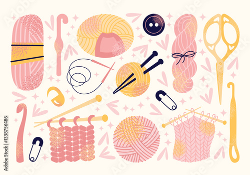 Knitting and crochet set yarn balls, knitting needles, crochet hooks, scissors, safety pins, and sewing accessories isolated on a light background. Flat vector. Handcraft and textile art concept