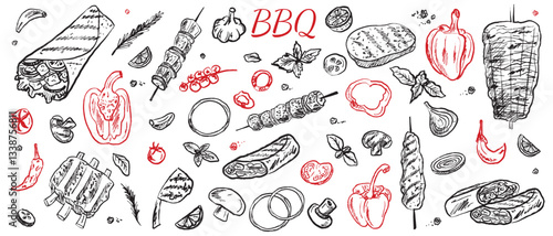 Barbeque street food collection in brush stroke texture isolated on white background. Hand drawn vector sketch illustration in vintage charcoal ink style. Shawarma, doner kebab, pita, meat on skewer.
