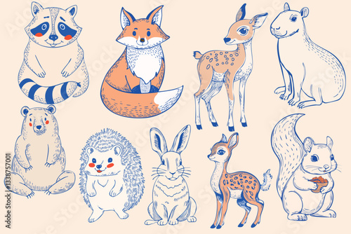 ute and funny Animals illustrations Animals Illustration set Handmade scribbles doodle illustrations vector