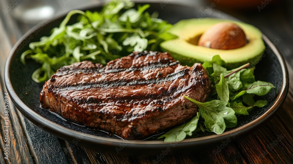 A plate of grilled lean beef steak, with a side of avocado and leafy greens. A plate of grilled lean beef steak, with a side of avocado and leafy greens.