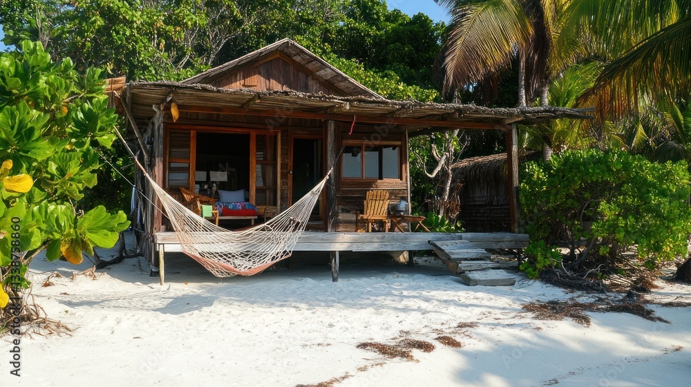 Naklejka premium Idyllic beach getaway: rustic shack with hammock on tropical white sandy shore