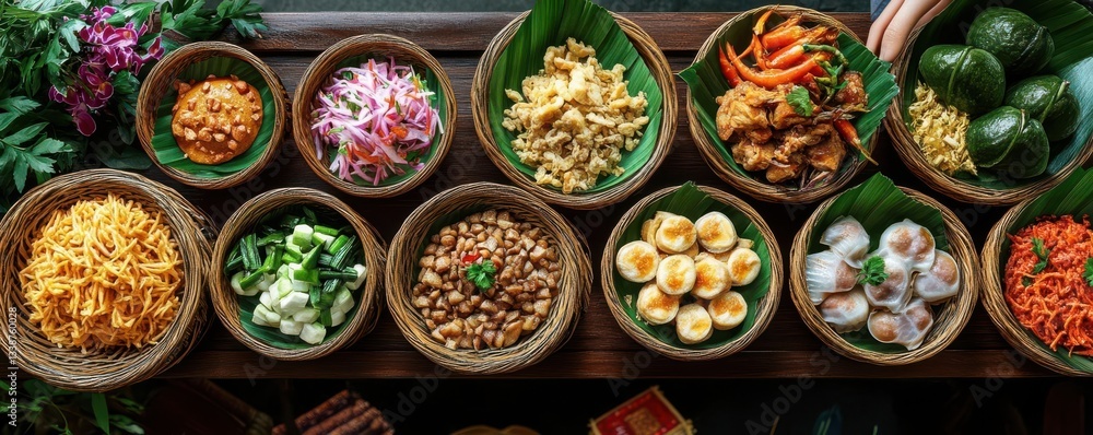 Fototapeta premium Traditional Thai food plating flat design top view cultural authenticity 3D render vivid
