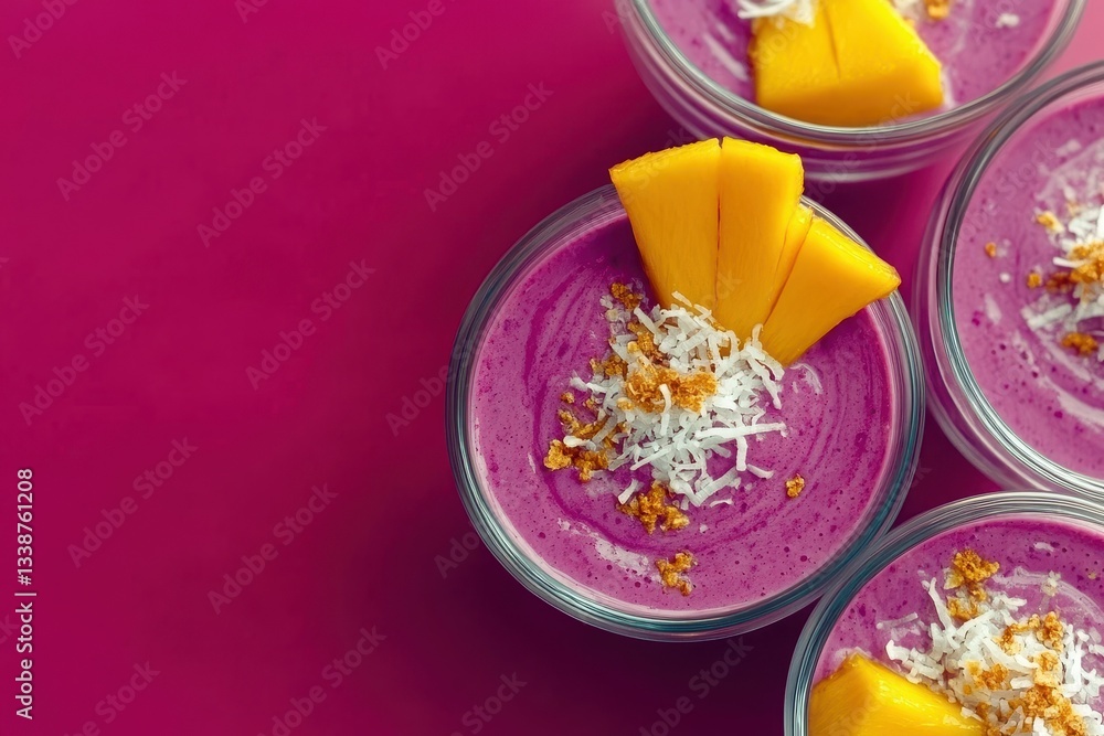 Dragon Fruit Smoothie with Mango Garnish: A purple smoothie topped with mango slices and a sprinkle of coconut flakes Dragon Fruit Smoothie with Mango Garnish: A purple smoothie topped with mango slices and a sprinkle of coconut flakes