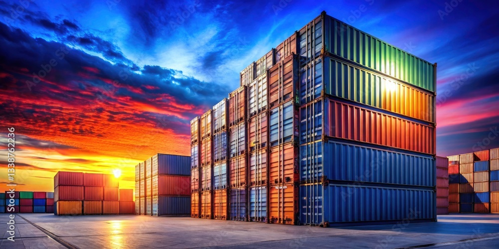 Fototapeta premium Night Freight Warehouse - Stacked Shipping Containers, Blue Sky, Import Export Logistics