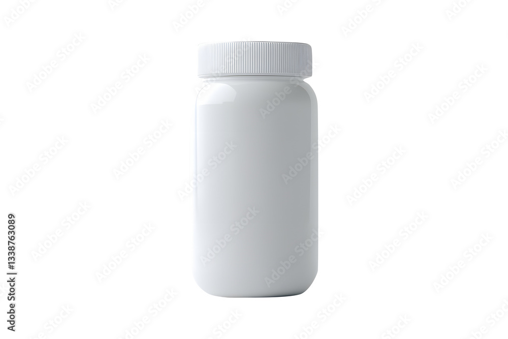 Minimalist white plastic capsule pill bottle with secure cap isolated on cut out PNG or transparent background. ideal for pharmaceutical or healthcare packaging concepts. Medical Science. Minimalist white plastic capsule pill bottle with secure cap isolated on cut out PNG or transparent background. ideal for pharmaceutical or healthcare packaging concepts. Medical Science.