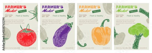 Vegetables. Trendy banner, background, cover, poster, flyer set for a farmers market. Design template Hand-drawn sketch food to the harvest fair. Vector illustration eggplant, tomato, potato, pepper.