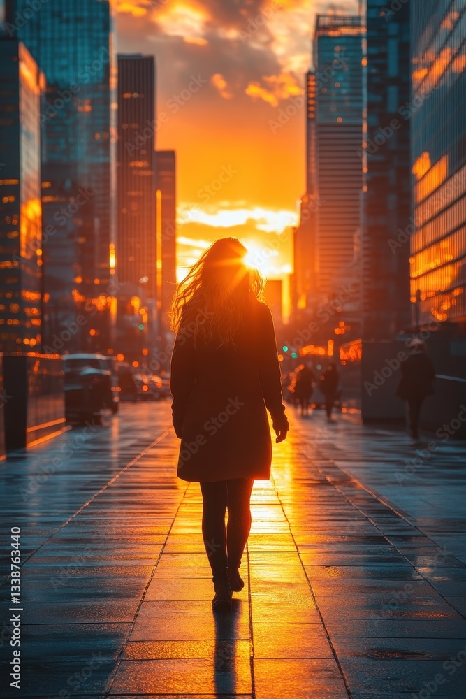 ** Silhouette of Woman Walking in Urban Cityscape at Sunset with Vibrant Sky and Reflections on Wet Pavement..** ** Silhouette of Woman Walking in Urban Cityscape at Sunset with Vibrant Sky and Reflections on Wet Pavement..**