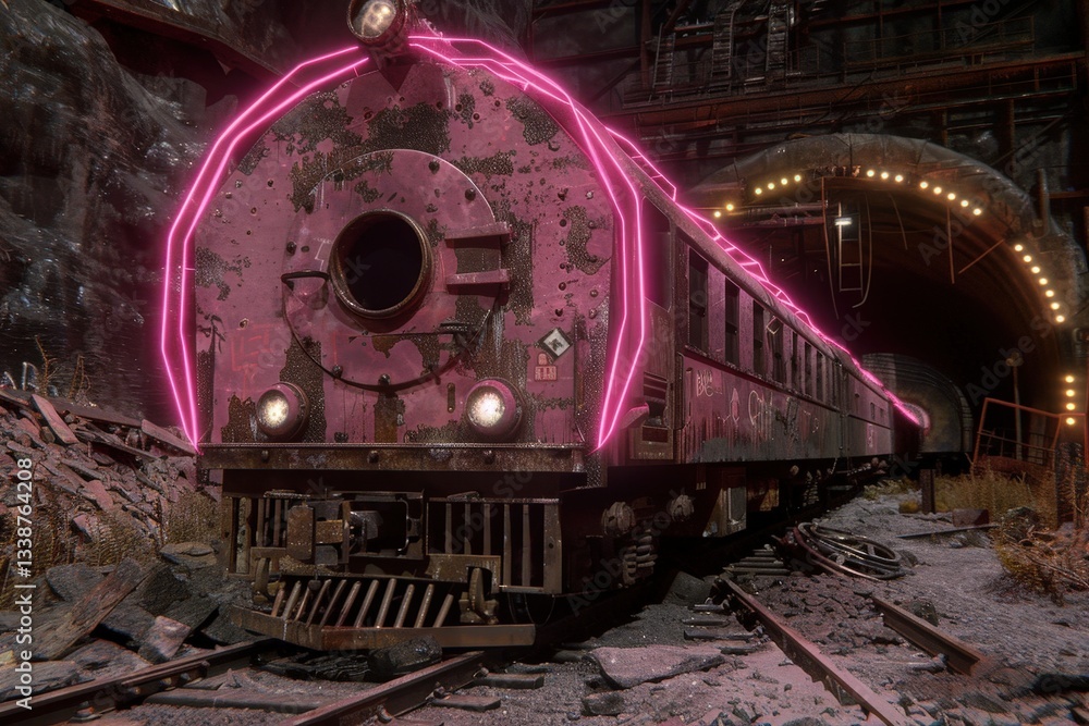 Fototapeta premium A train with neon pink lights is traveling through a tunnel