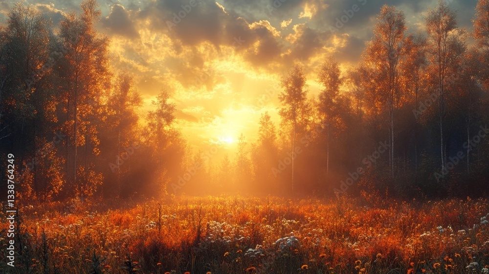 Golden Sunrise Through Autumn Forest Trees Landscape. Generative AI Golden Sunrise Through Autumn Forest Trees Landscape. Generative AI
