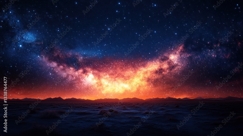 Fototapeta premium Celestial Landscape: A fiery sunset under a breathtaking Milky Way galaxy
