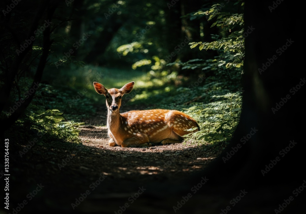 Fawn resting on woodland path surrounded by greenery Fawn resting on woodland path surrounded by greenery